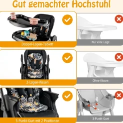 Klappbarer Hochstuhl mit Rädern & Verstellbarer Höhe & Fußstütze & Rückenlehne Babysitz Schwarz