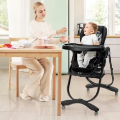 Klappbarer Hochstuhl mit Rädern & Verstellbarer Höhe & Fußstütze & Rückenlehne Babysitz Schwarz