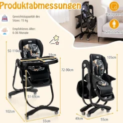 Klappbarer Hochstuhl mit Rädern & Verstellbarer Höhe & Fußstütze & Rückenlehne Babysitz Schwarz