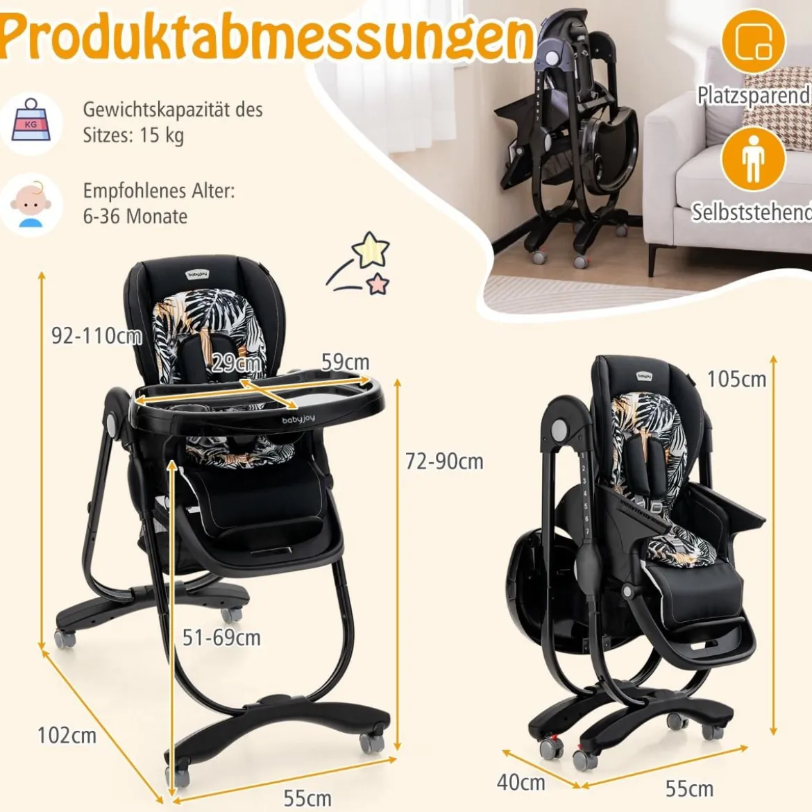 Klappbarer Hochstuhl mit Rädern & Verstellbarer Höhe & Fußstütze & Rückenlehne Babysitz Schwarz