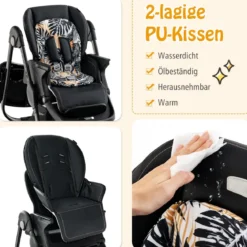 Klappbarer Hochstuhl mit Rädern & Verstellbarer Höhe & Fußstütze & Rückenlehne Babysitz Schwarz