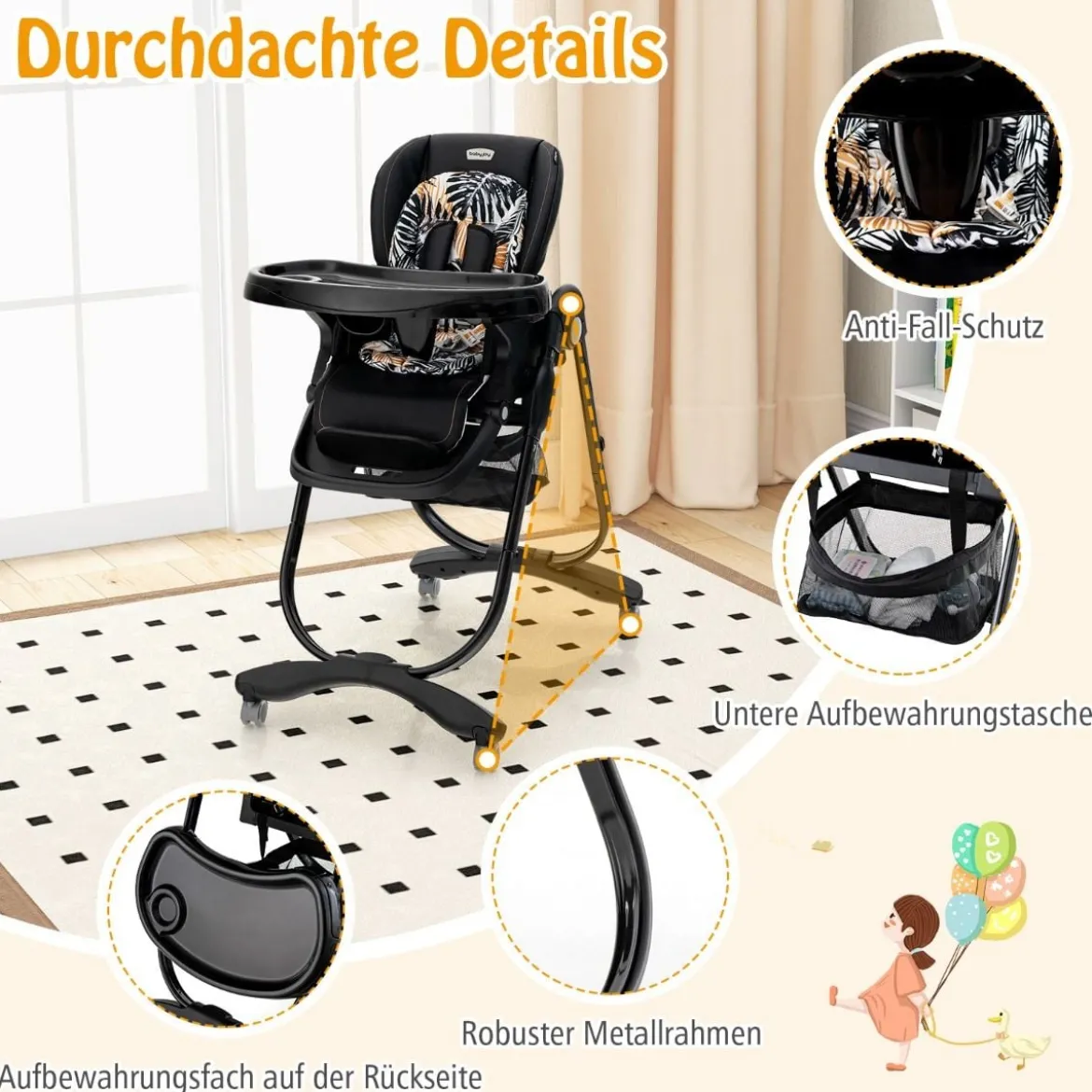 Klappbarer Hochstuhl mit Rädern & Verstellbarer Höhe & Fußstütze & Rückenlehne Babysitz Schwarz
