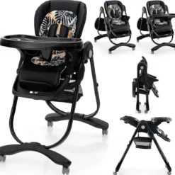 Klappbarer Hochstuhl mit Rädern & Verstellbarer Höhe & Fußstütze & Rückenlehne Babysitz Schwarz