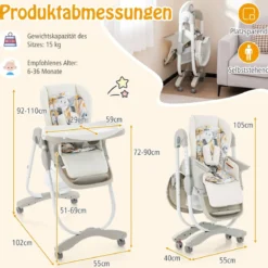 Klappbarer Hochstuhl mit Rädern & Verstellbarer Höhe & Fußstütze & Rückenlehne Babysitz Weiß
