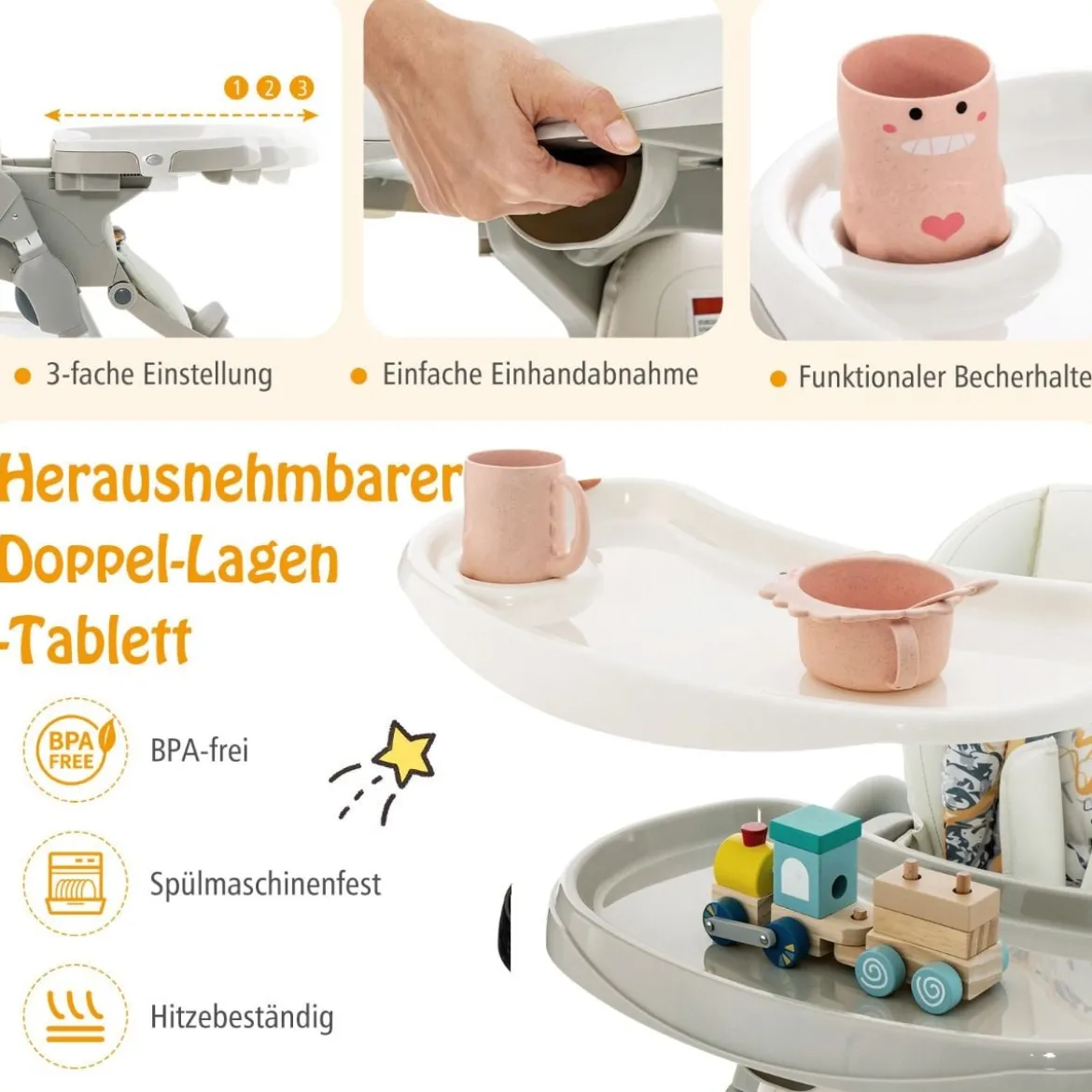 Klappbarer Hochstuhl mit Rädern & Verstellbarer Höhe & Fußstütze & Rückenlehne Babysitz Weiß