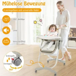 Klappbarer Hochstuhl mit Rädern & Verstellbarer Höhe & Fußstütze & Rückenlehne Babysitz Weiß