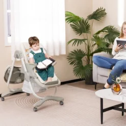 Klappbarer Hochstuhl mit Rädern & Verstellbarer Höhe & Fußstütze & Rückenlehne Babysitz Weiß