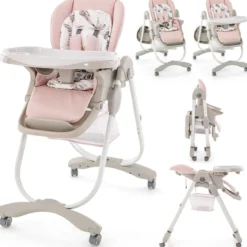 Klappbarer Hochstuhl mit Rädern & Verstellbarer Höhe & Fußstütze & Rückenlehne Babysitz Rosa