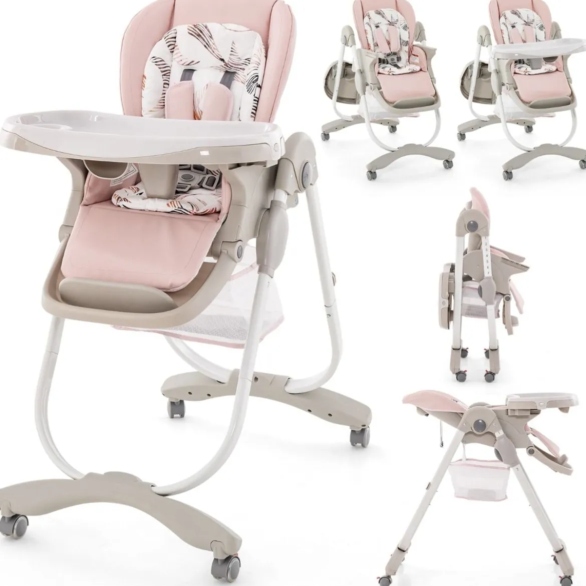 Klappbarer Hochstuhl mit Rädern & Verstellbarer Höhe & Fußstütze & Rückenlehne Babysitz Rosa