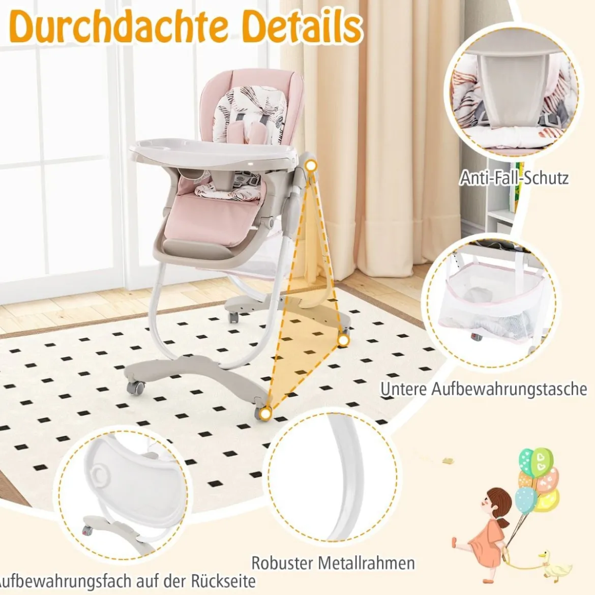 Klappbarer Hochstuhl mit Rädern & Verstellbarer Höhe & Fußstütze & Rückenlehne Babysitz Rosa