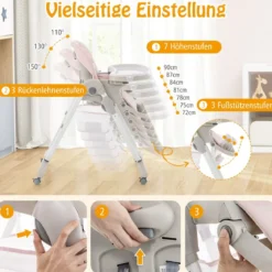 Klappbarer Hochstuhl mit Rädern & Verstellbarer Höhe & Fußstütze & Rückenlehne Babysitz Rosa