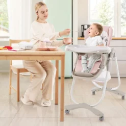 Klappbarer Hochstuhl mit Rädern & Verstellbarer Höhe & Fußstütze & Rückenlehne Babysitz Rosa