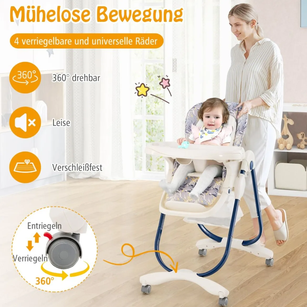 Klappbarer Hochstuhl mit Rädern & Verstellbarer Höhe & Fußstütze & Rückenlehne Babysitz Marineblau