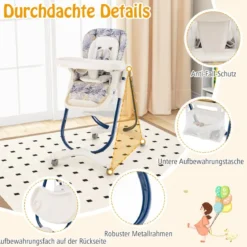 Klappbarer Hochstuhl mit Rädern & Verstellbarer Höhe & Fußstütze & Rückenlehne Babysitz Marineblau