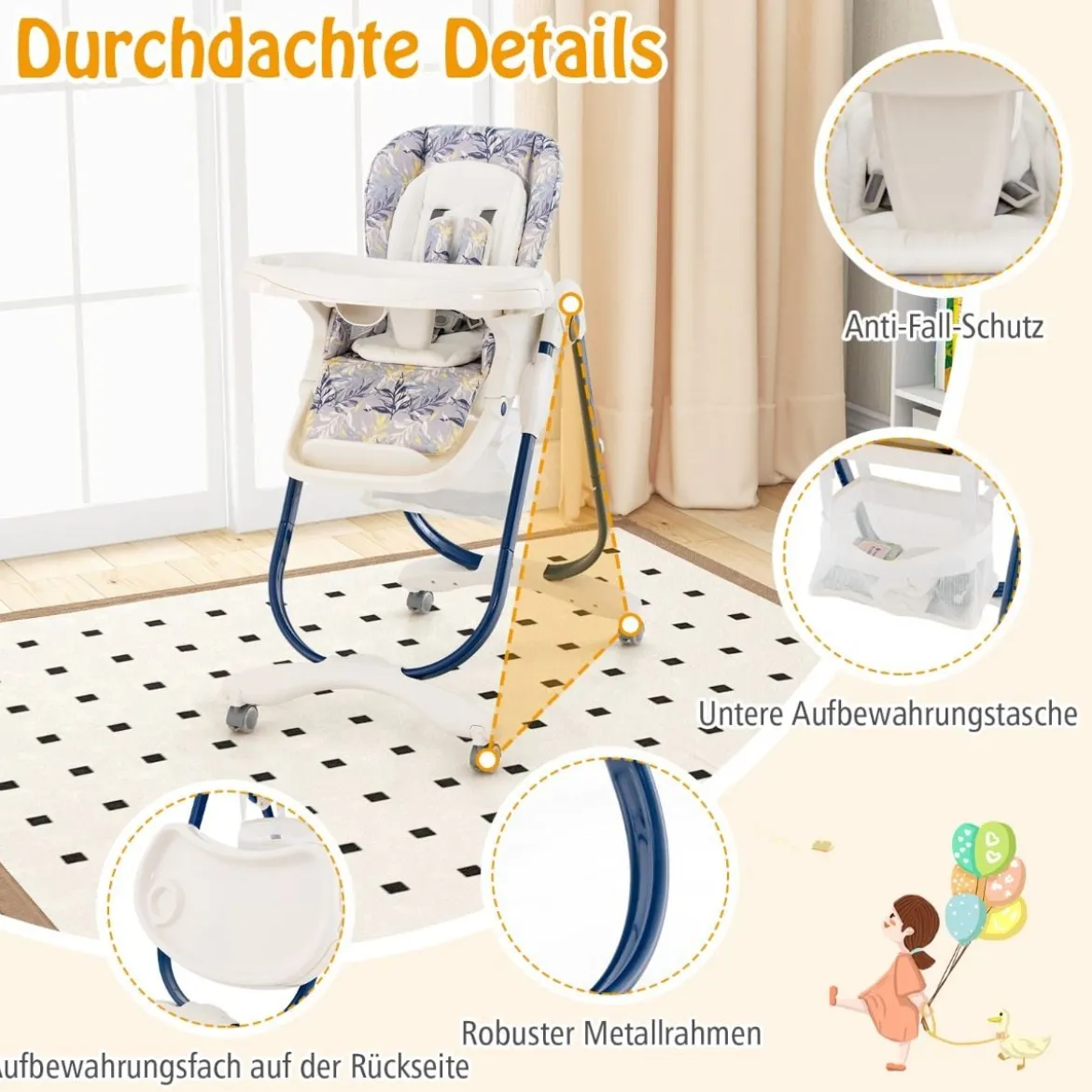 Klappbarer Hochstuhl mit Rädern & Verstellbarer Höhe & Fußstütze & Rückenlehne Babysitz Marineblau