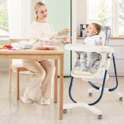 Klappbarer Hochstuhl mit Rädern & Verstellbarer Höhe & Fußstütze & Rückenlehne Babysitz Marineblau