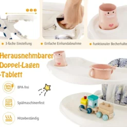 Klappbarer Hochstuhl mit Rädern & Verstellbarer Höhe & Fußstütze & Rückenlehne Babysitz Marineblau