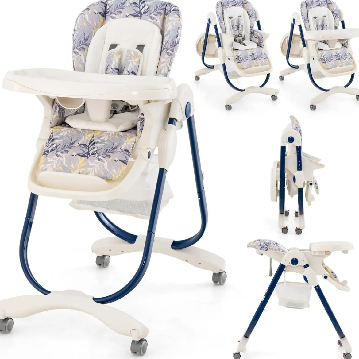 Klappbarer Hochstuhl mit Rädern & Verstellbarer Höhe & Fußstütze & Rückenlehne Babysitz Marineblau