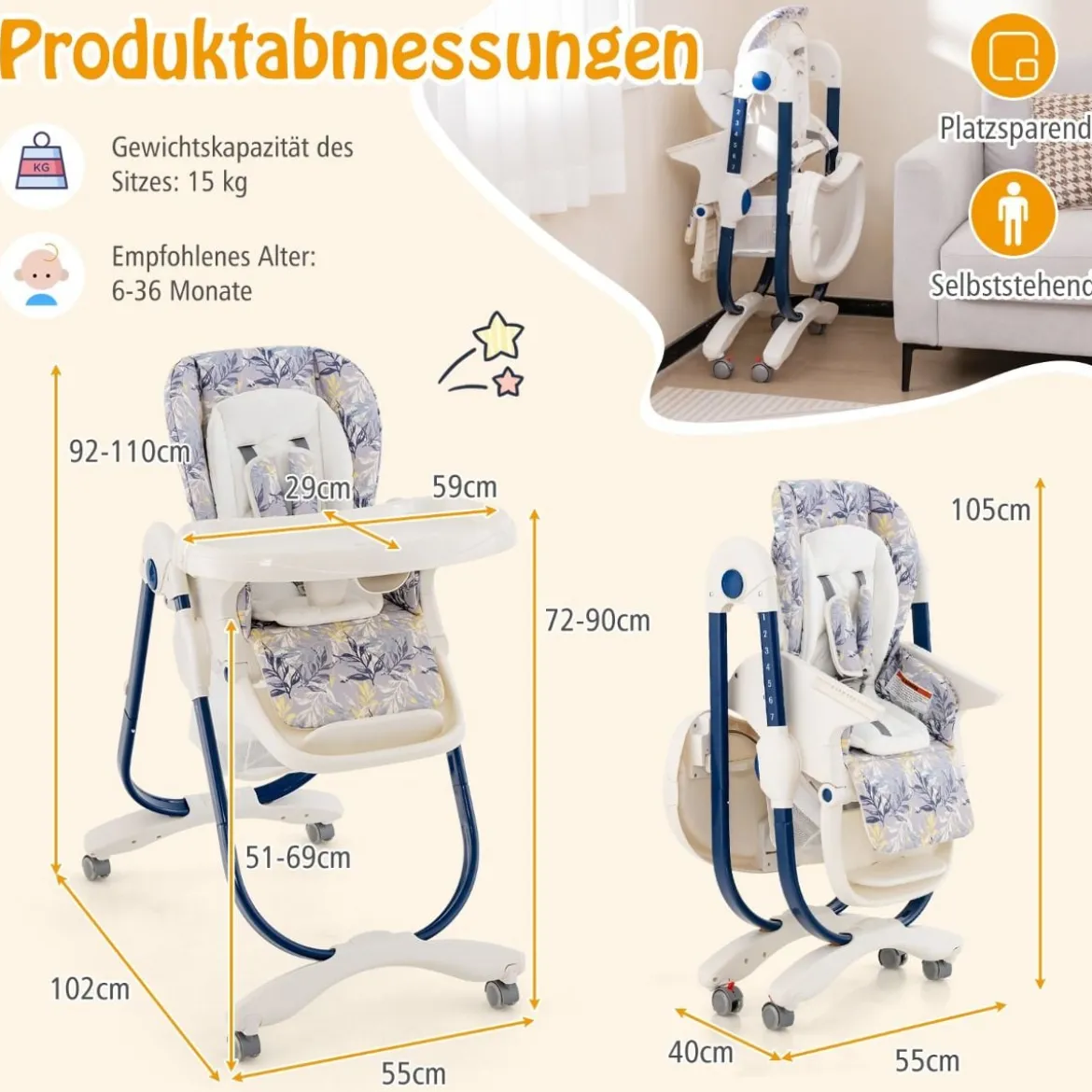 Klappbarer Hochstuhl mit Rädern & Verstellbarer Höhe & Fußstütze & Rückenlehne Babysitz Marineblau