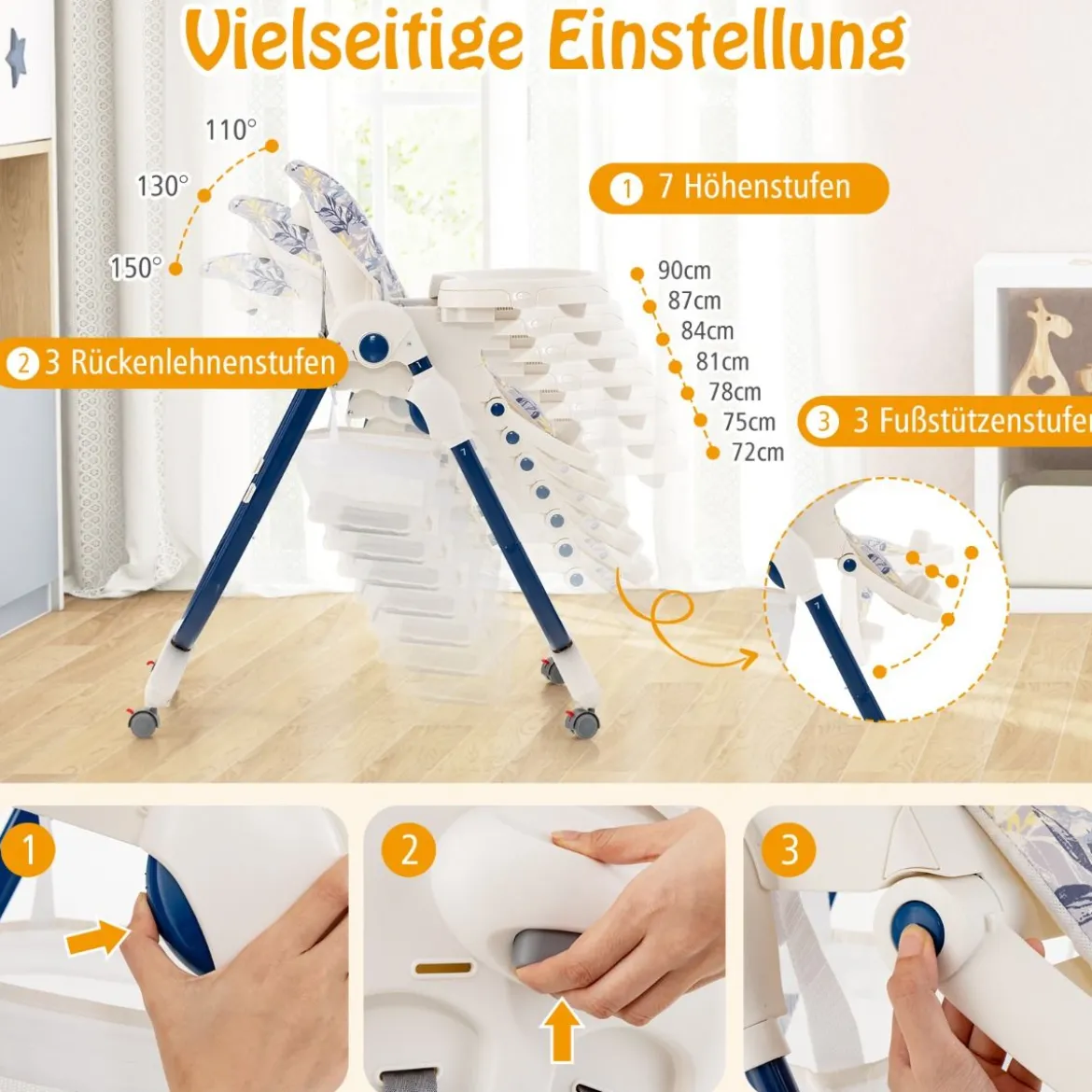 Klappbarer Hochstuhl mit Rädern & Verstellbarer Höhe & Fußstütze & Rückenlehne Babysitz Marineblau