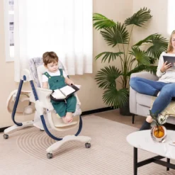 Klappbarer Hochstuhl mit Rädern & Verstellbarer Höhe & Fußstütze & Rückenlehne Babysitz Marineblau