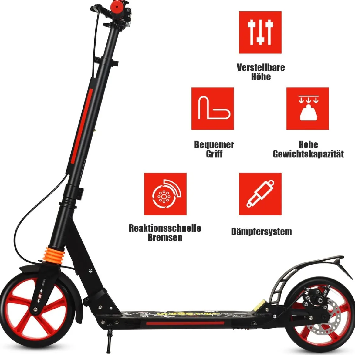 Klappbarer Kickscooter mit Klingel & Ständer Höhenverstellbarer Scooter Roller Tretroller