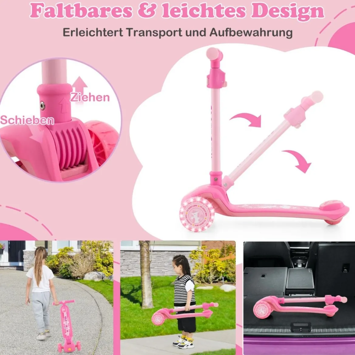 Klappbarer Kinder Roller mit PU LED Rädern & Hinterbremse Höhenverstellbarer Scooter Rosa