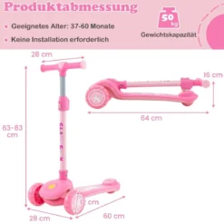 Klappbarer Kinder Roller mit PU LED Rädern & Hinterbremse Höhenverstellbarer Scooter Rosa