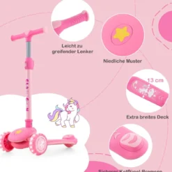 Klappbarer Kinder Roller mit PU LED Rädern & Hinterbremse Höhenverstellbarer Scooter Rosa