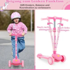 Klappbarer Kinder Roller mit PU LED Rädern & Hinterbremse Höhenverstellbarer Scooter Rosa