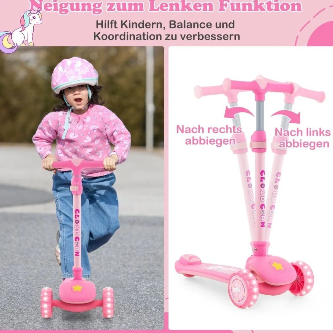 Klappbarer Kinder Roller mit PU LED Rädern & Hinterbremse Höhenverstellbarer Scooter Rosa