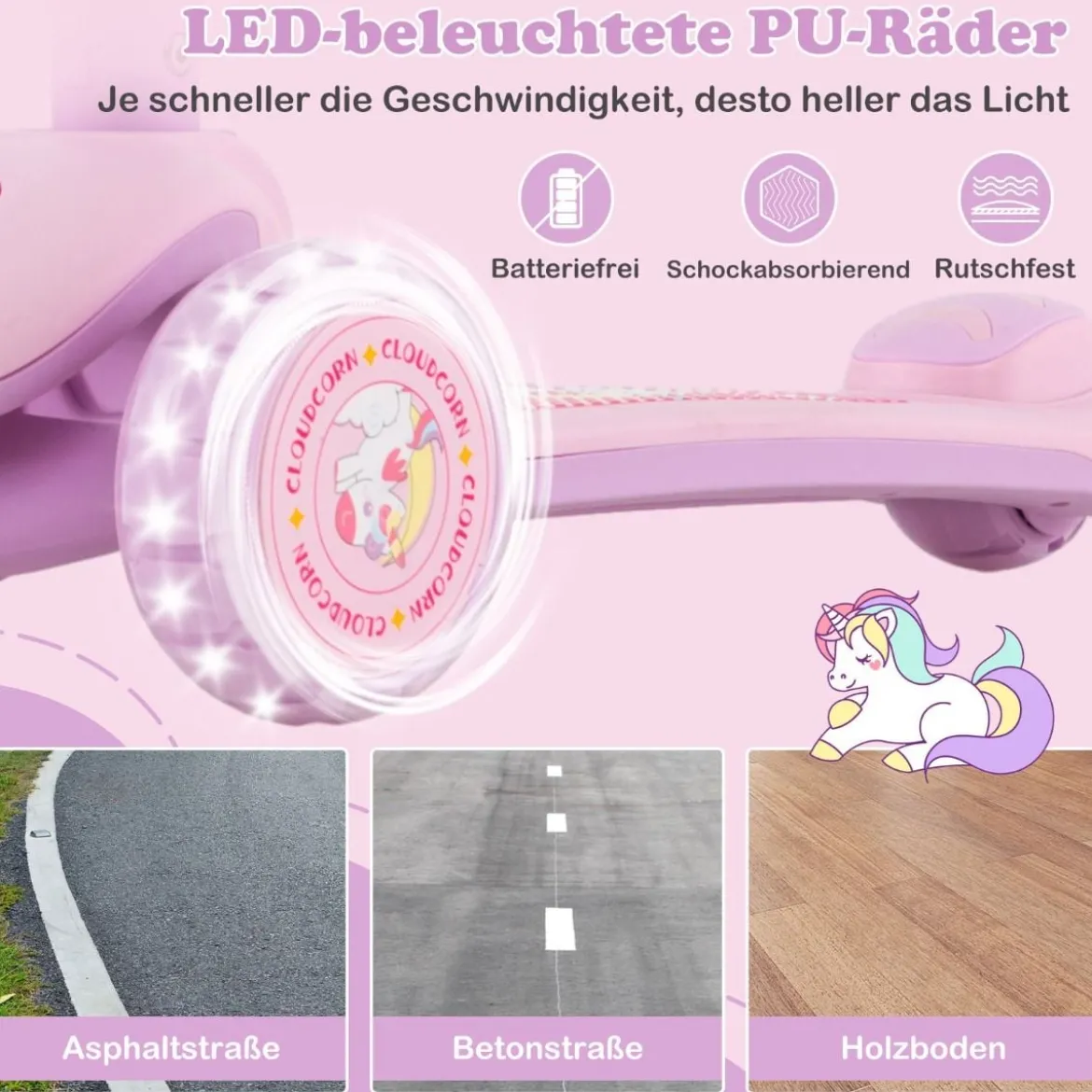 Klappbarer Kinder Roller mit PU LED Rädern & Hinterbremse Höhenverstellbarer Scooter Pink