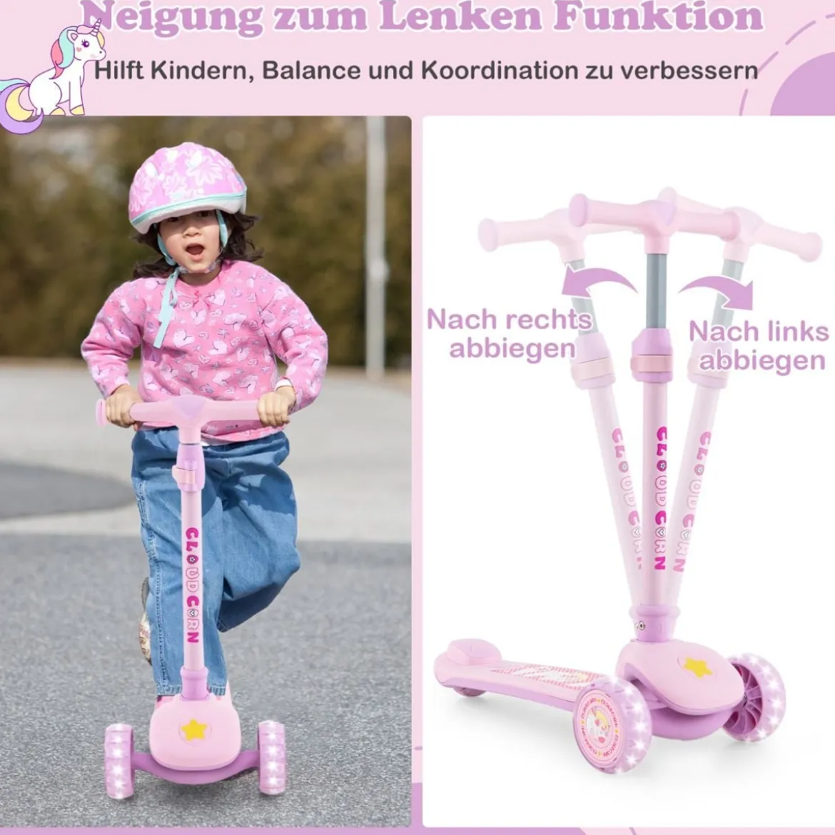 Klappbarer Kinder Roller mit PU LED Rädern & Hinterbremse Höhenverstellbarer Scooter Pink