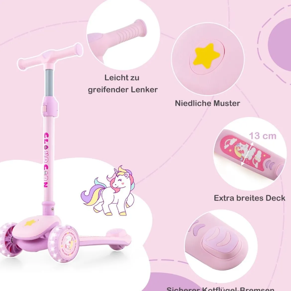 Klappbarer Kinder Roller mit PU LED Rädern & Hinterbremse Höhenverstellbarer Scooter Pink