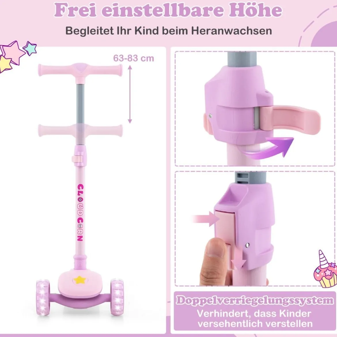 Klappbarer Kinder Roller mit PU LED Rädern & Hinterbremse Höhenverstellbarer Scooter Pink