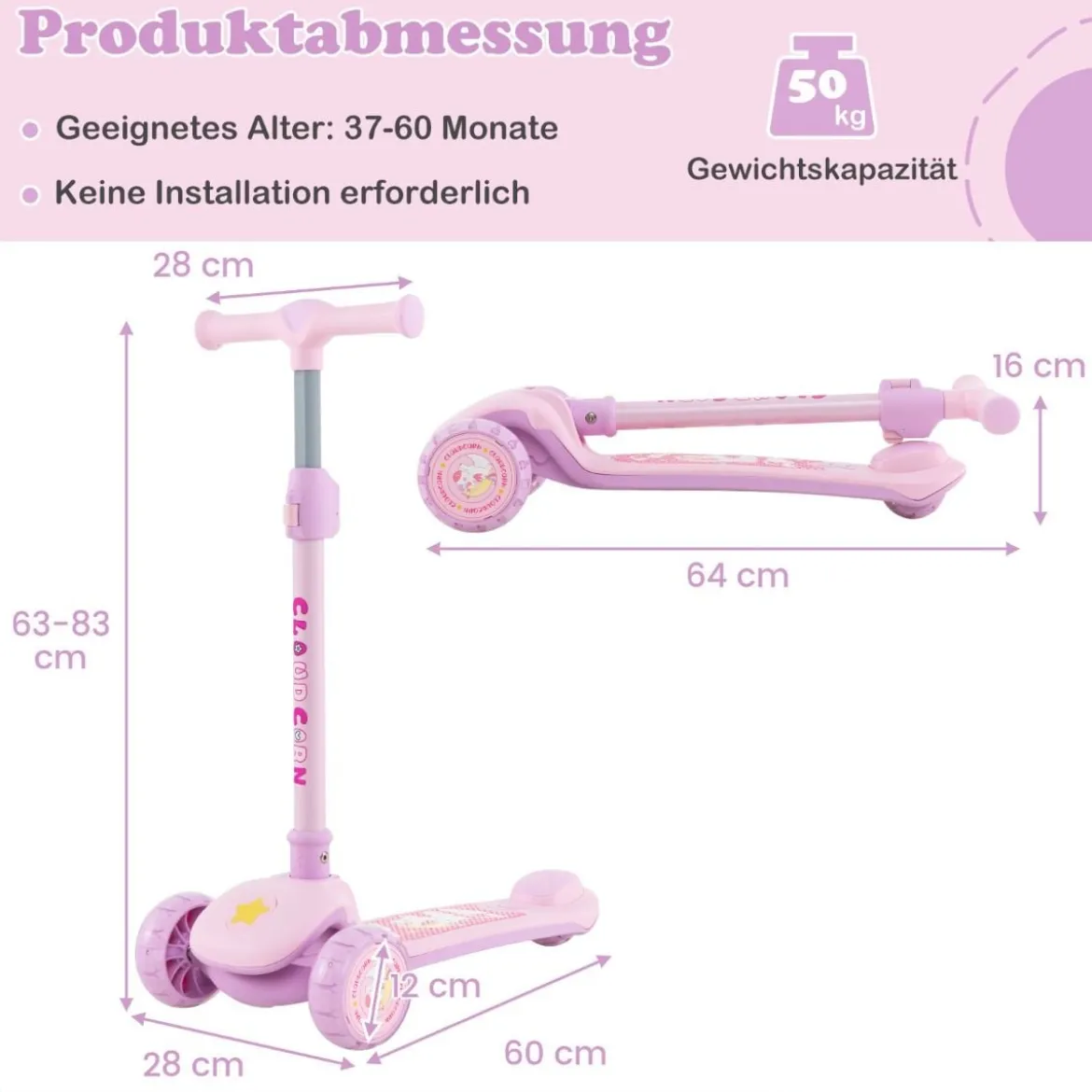 Klappbarer Kinder Roller mit PU LED Rädern & Hinterbremse Höhenverstellbarer Scooter Pink