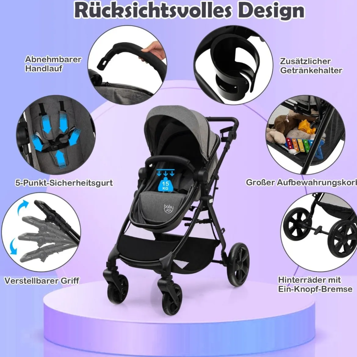 Klappbarer Kinderwagen mit Verstellbarem Verdeck & Aufbewahrungskorb Leichter Kinderbuggy