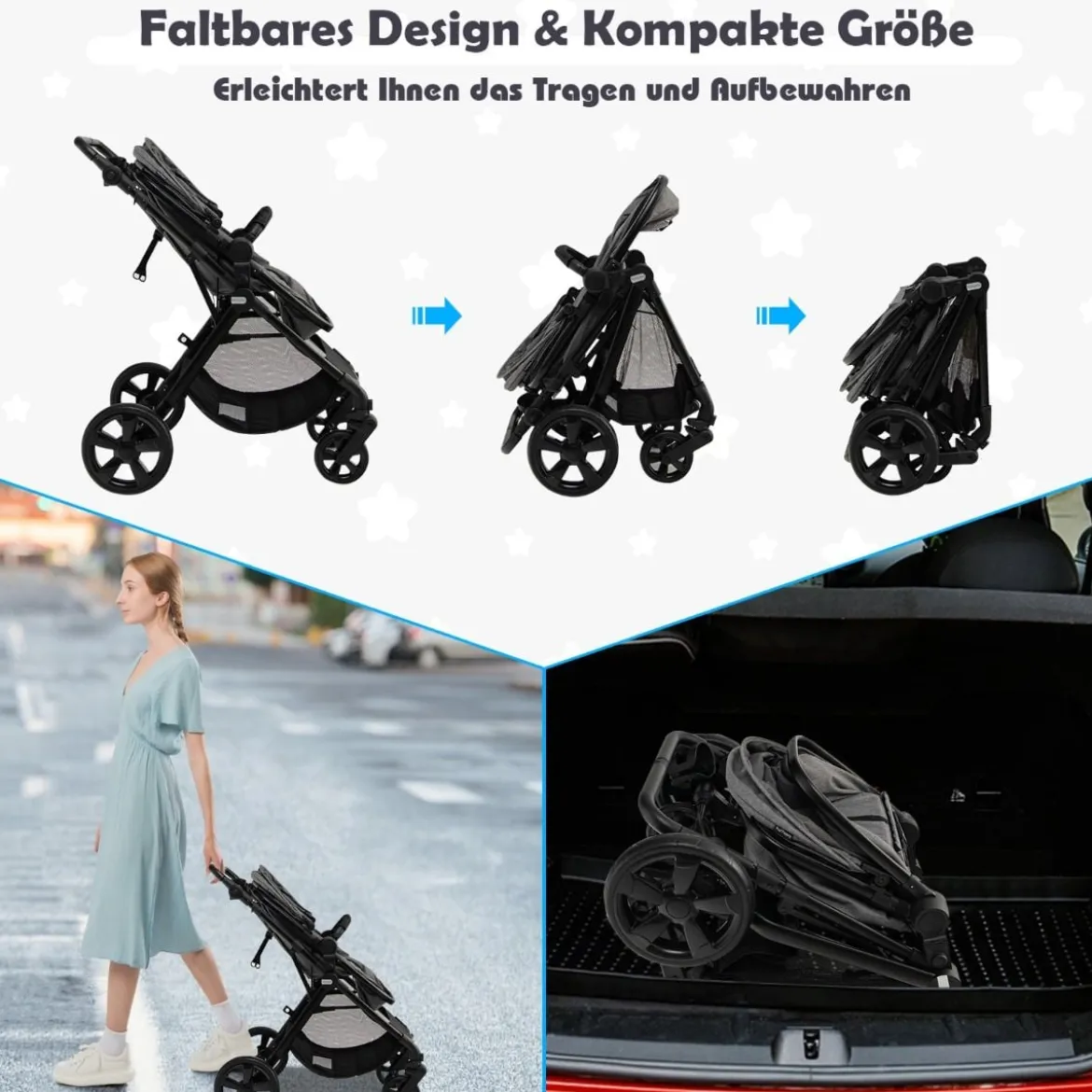 Klappbarer Kinderwagen mit Verstellbarem Verdeck & Aufbewahrungskorb Leichter Kinderbuggy