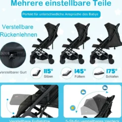 Klappbarer Kinderwagen Tragbarer Reisewagen für Kinder 79 x 47 x 97 cm Schwarz