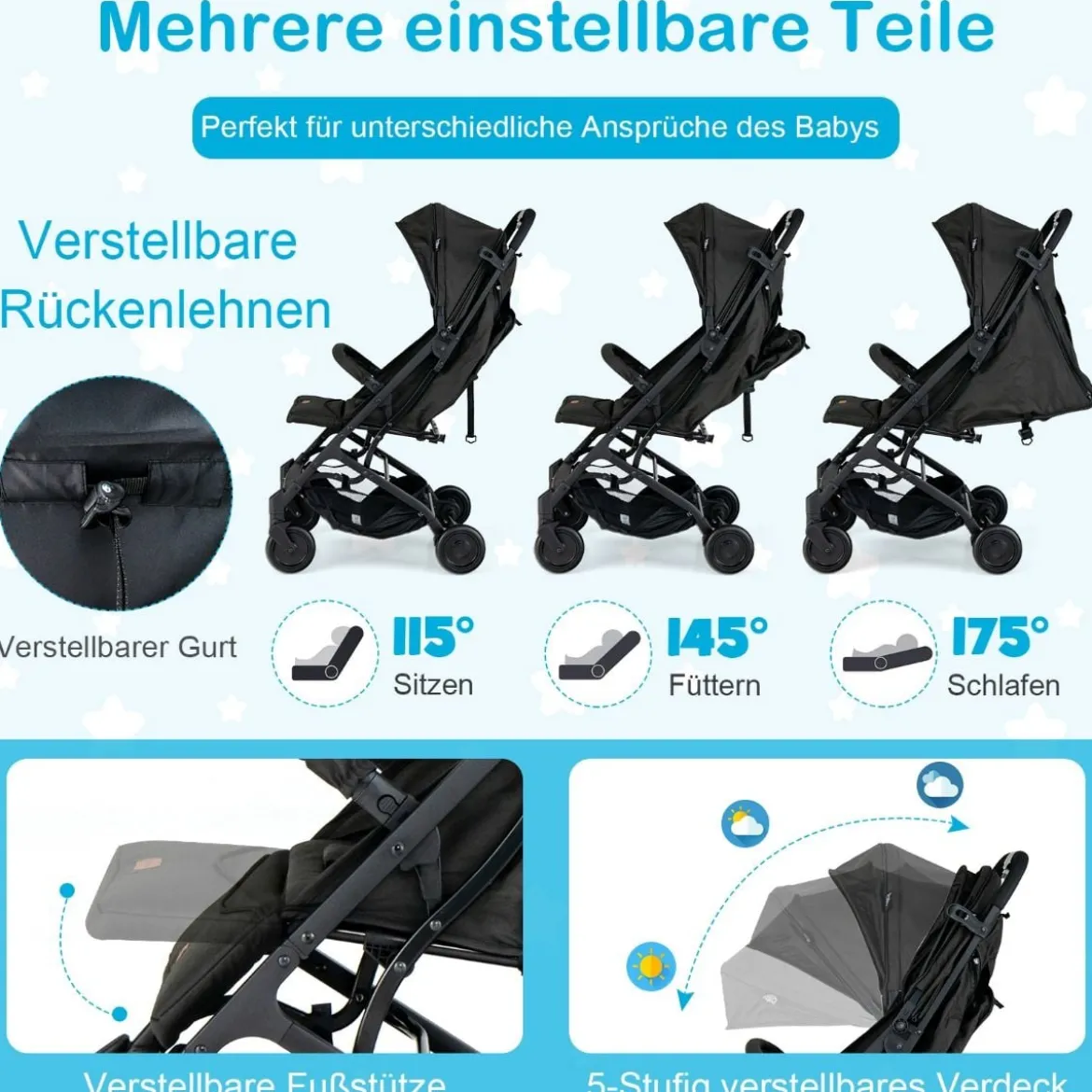 Klappbarer Kinderwagen Tragbarer Reisewagen für Kinder 79 x 47 x 97 cm Schwarz