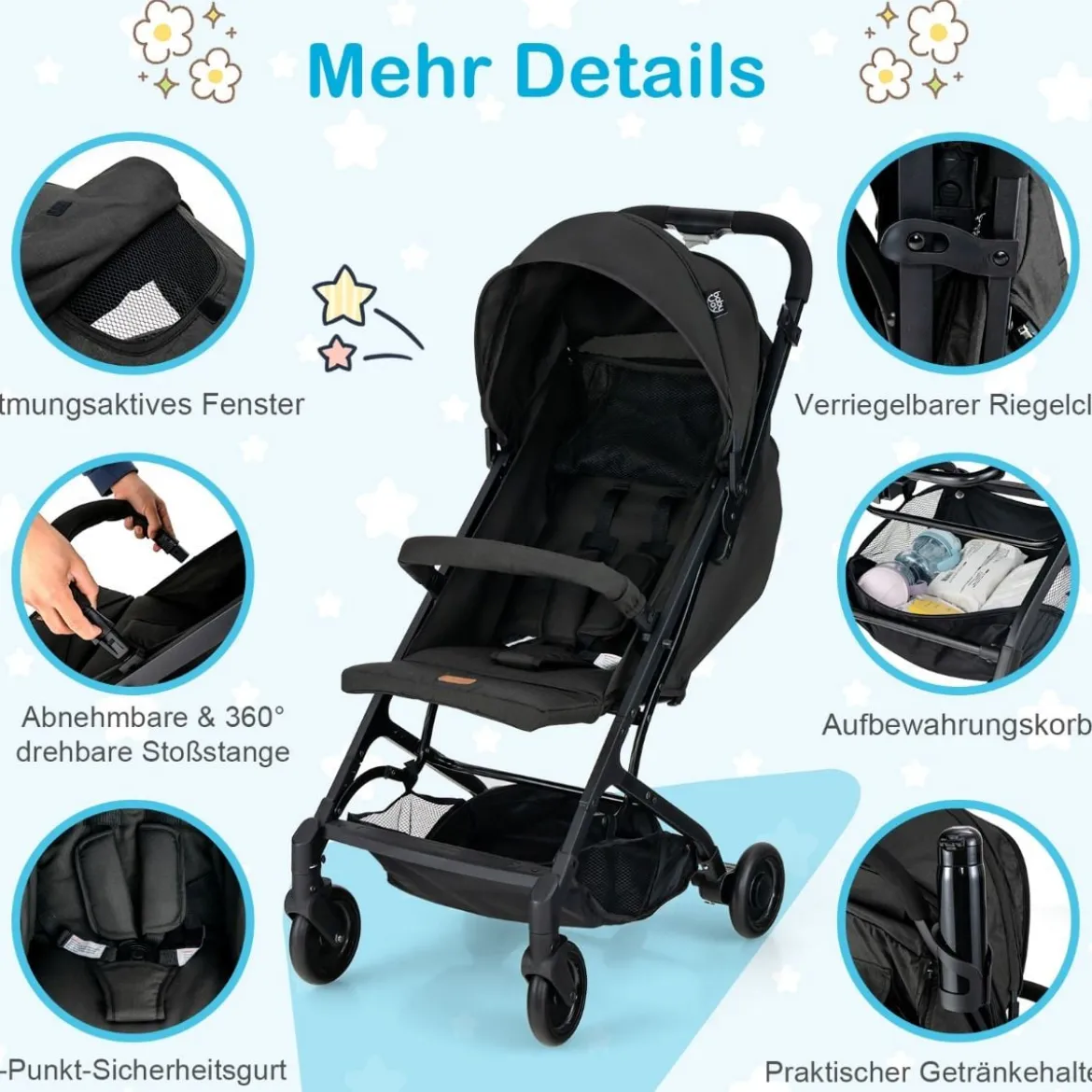 Klappbarer Kinderwagen Tragbarer Reisewagen für Kinder 79 x 47 x 97 cm Schwarz