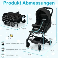 Klappbarer Kinderwagen Tragbarer Reisewagen für Kinder 79 x 47 x 97 cm Schwarz