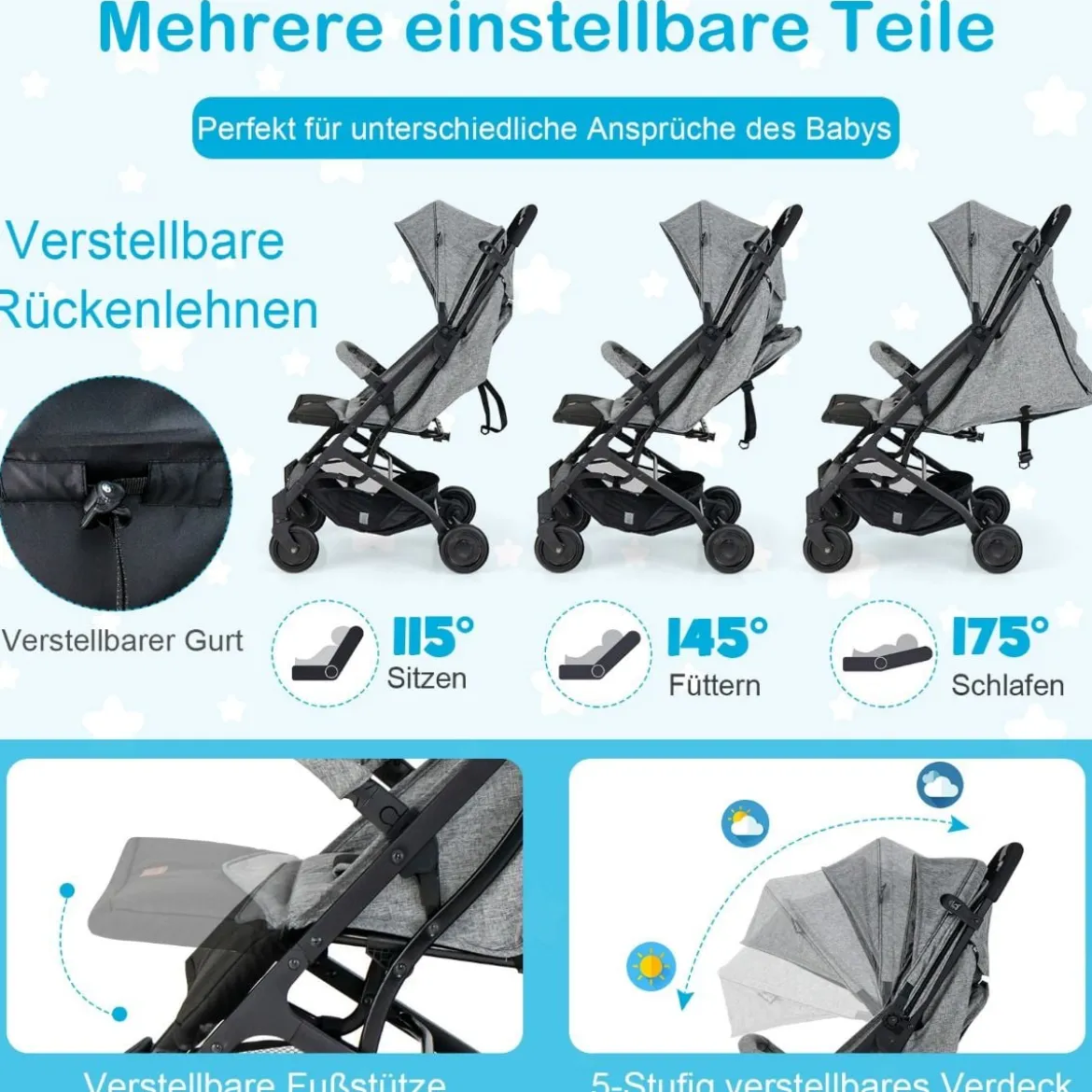 Klappbarer Kinderwagen Tragbarer Reisewagen für Kinder 79 x 47 x 97 cm Grau