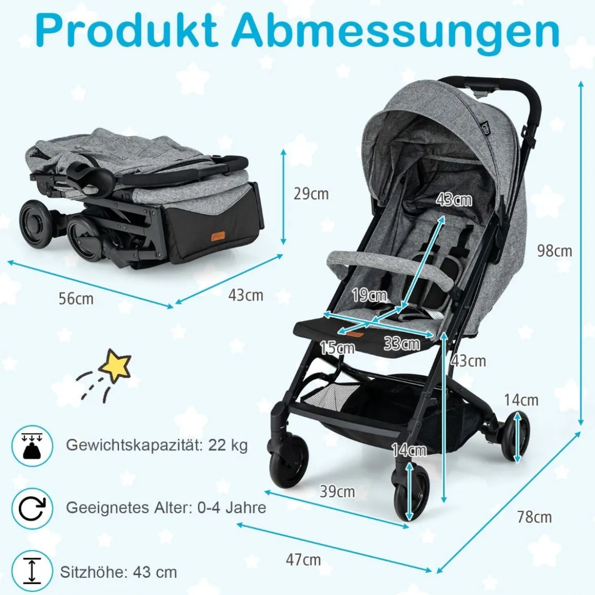 Klappbarer Kinderwagen Tragbarer Reisewagen für Kinder 79 x 47 x 97 cm Grau