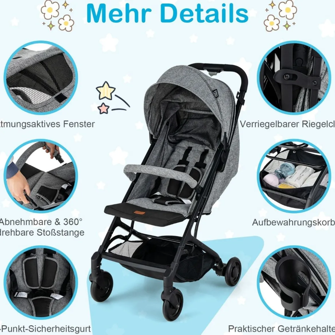 Klappbarer Kinderwagen Tragbarer Reisewagen für Kinder 79 x 47 x 97 cm Grau