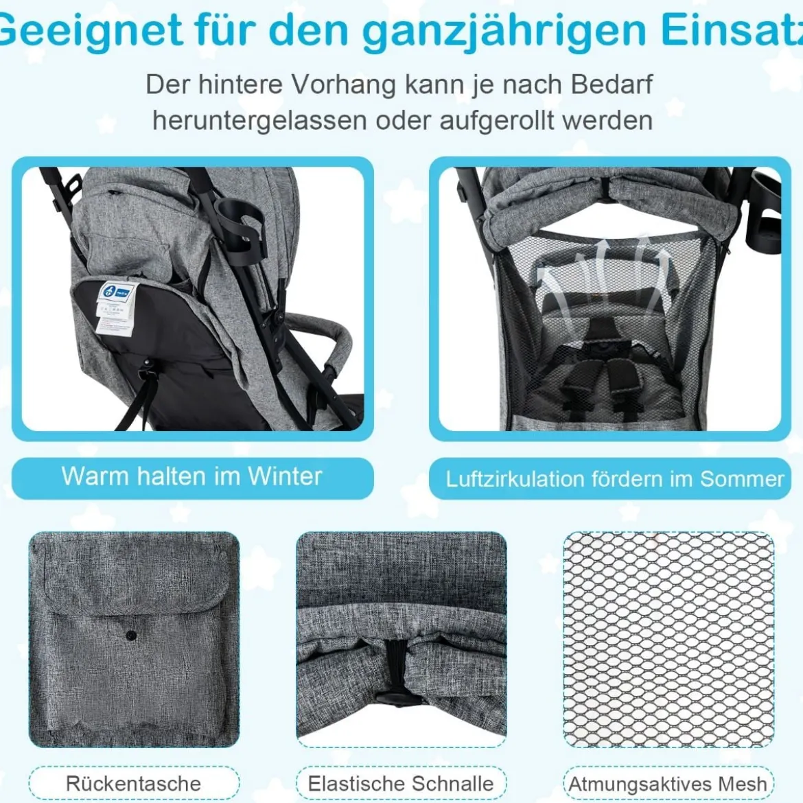 Klappbarer Kinderwagen Tragbarer Reisewagen für Kinder 79 x 47 x 97 cm Grau