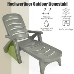 Klappbarer Liegestuhl mit eingebauten Rädern 5-fach verstellbare Gartenliege Grau