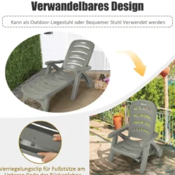 Klappbarer Liegestuhl mit eingebauten Rädern 5-fach verstellbare Gartenliege Grau
