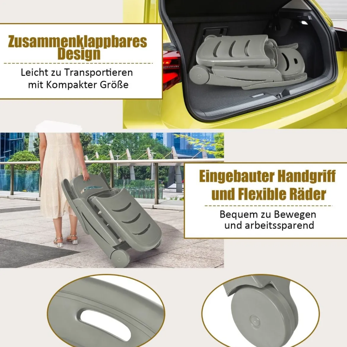 Klappbarer Liegestuhl mit eingebauten Rädern 5-fach verstellbare Gartenliege Grau
