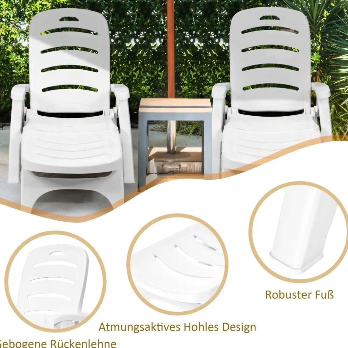 Klappbarer Liegestuhl mit eingebauten Rädern 5-fach verstellbare Gartenliege Weiß